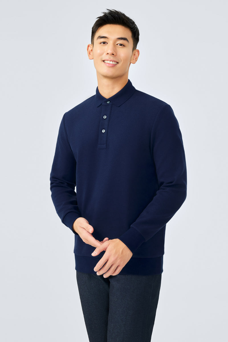 Polo Jacquard à Manches Longues | Bleu Marine NNY096