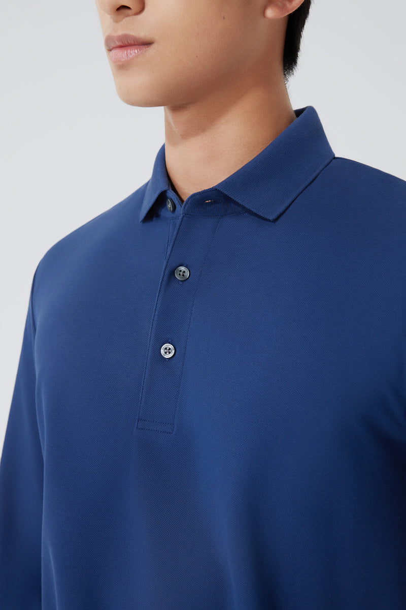 Polo piqué à manches longues | Bleu NYE073