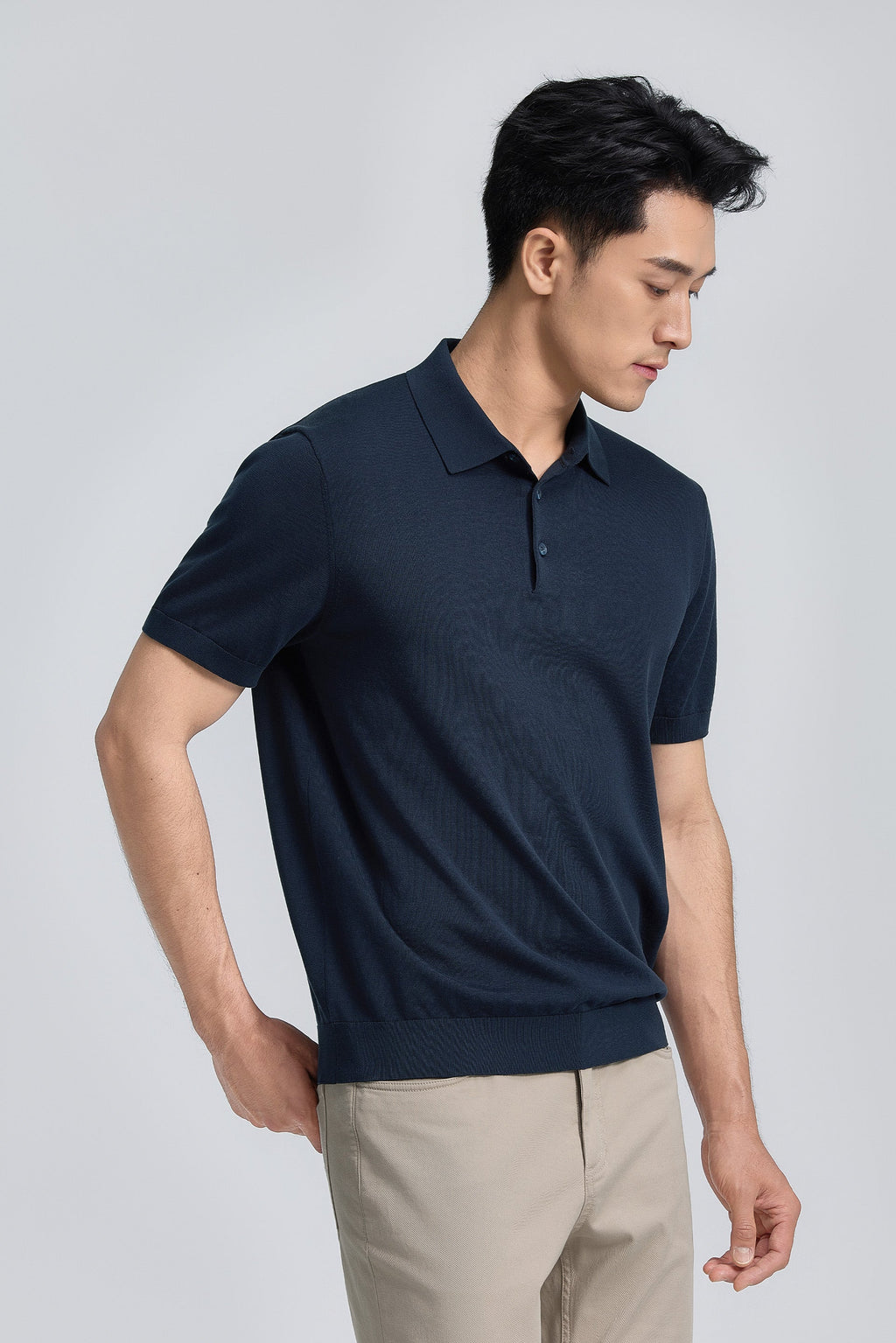 Polo en maille plate à trois boutons | Bleu Marine 14036N