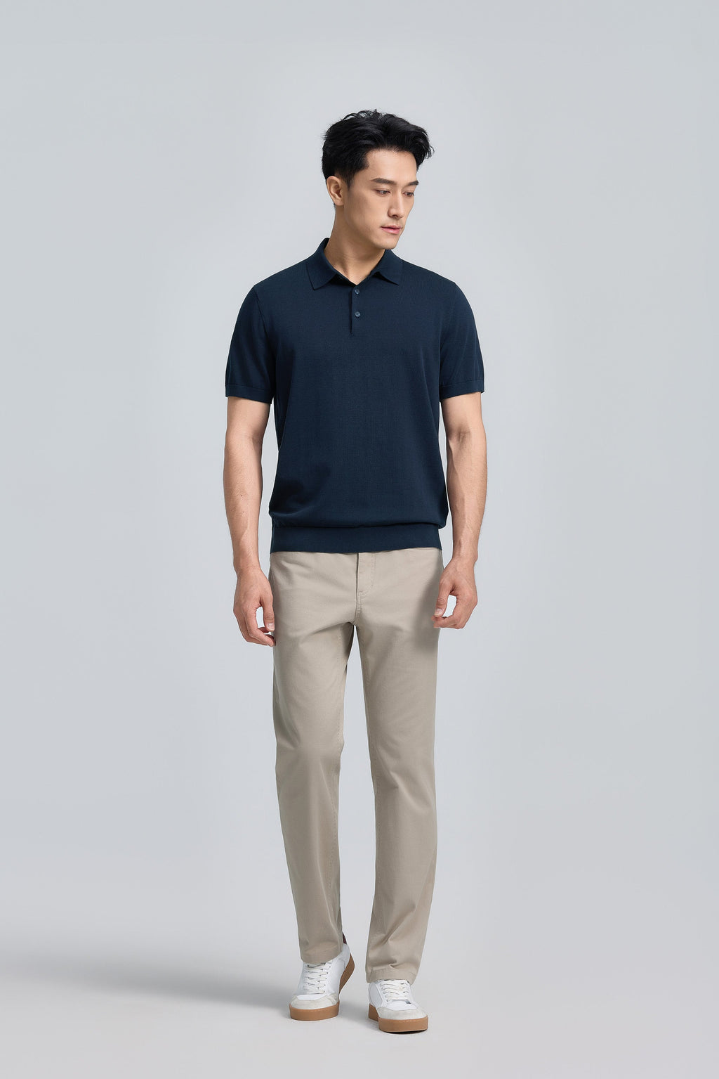 Polo en maille plate à trois boutons | Bleu Marine 14036N