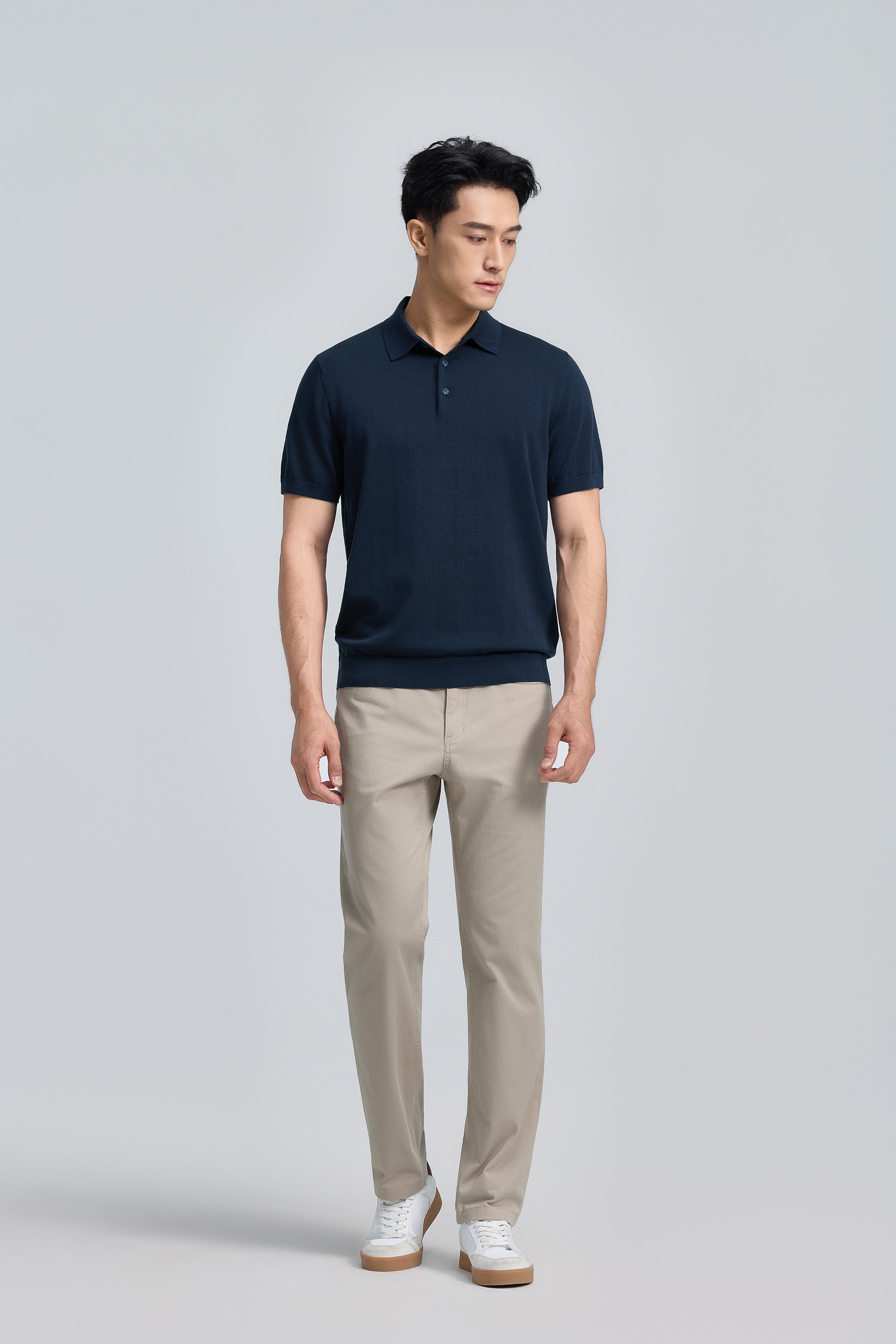 Polo en maille plate à trois boutons | Bleu Marine 14036N