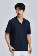 Polo à col cubain en coton et chanvre – Bleu marine