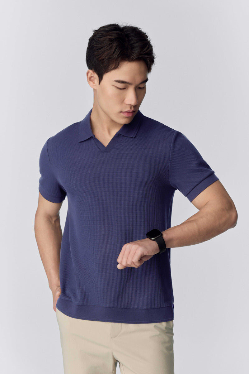 Polo sans boutons en maille gaufrée | Bleu marine PT4026